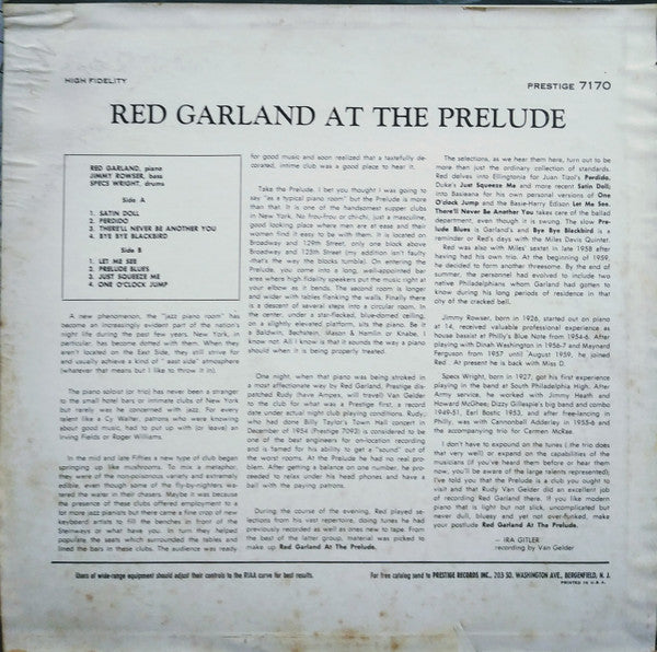 Red Garland - Red Garland At The Prelude (LP, Album, Mono)