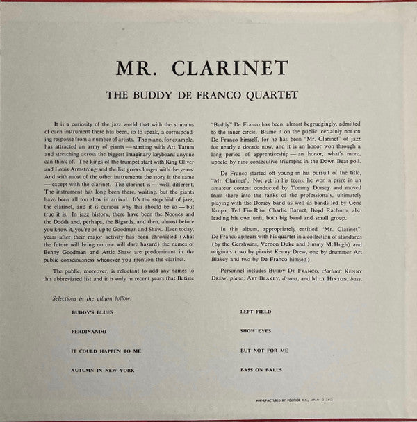 The Buddy De Franco Quartet* - Mr. Clarinet (LP, Album, Mono, RE)