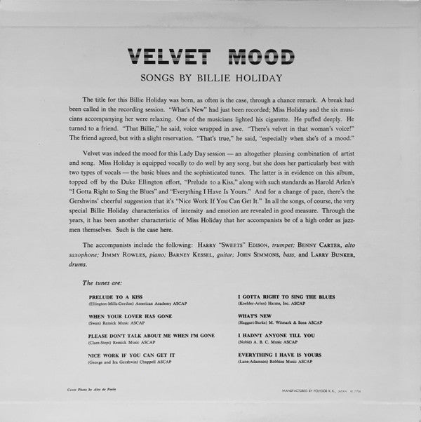 Billie Holiday - Velvet Mood (LP, Album, Mono, RE)