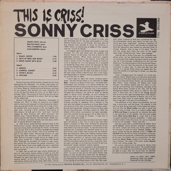 Sonny Criss - This Is Criss! (LP, Album, Mono)
