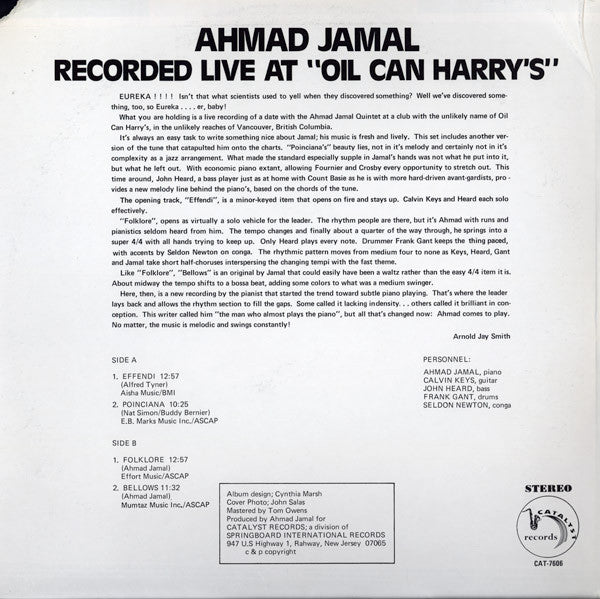 Ahmad Jamal - Recorded Live At ""Oil Can Harry's"" (LP, Album, Gat)