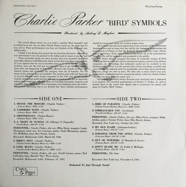 Charlie Parker - ""Bird"" Symbols (LP, Comp, Mono, RE, Red)