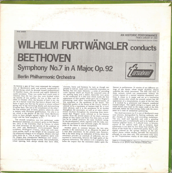 Wilhelm Furtwängler - Symphony No. 7 In A Major, Op. 92(LP, Album, ...