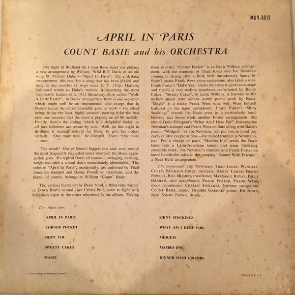 Count Basie And His Orchestra* - April In Paris (LP, Album, Mono)