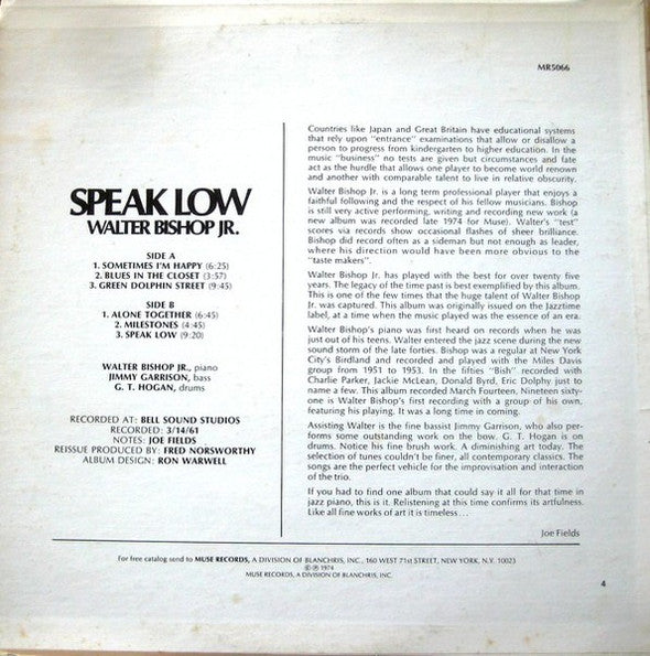Walter Bishop Jr.* - Speak Low (LP, Album, RE)
