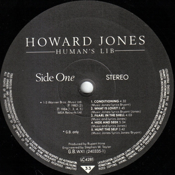 Howard Jones - Human's Lib (LP, Album, Bla)