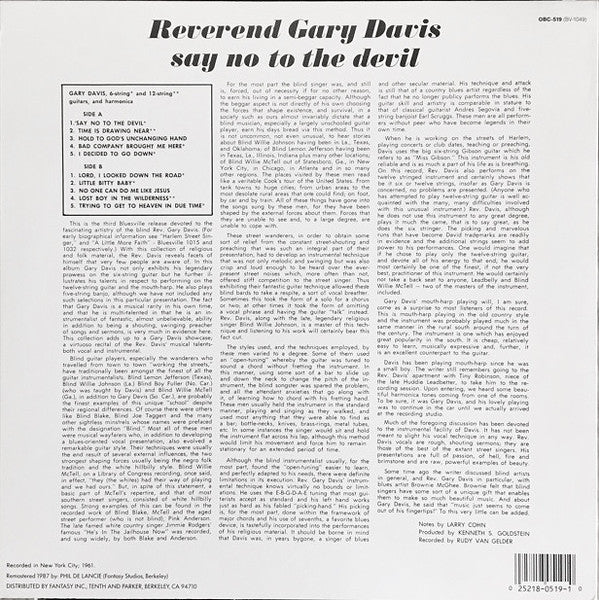 Reverend Gary Davis* - Say No To The Devil (LP, Album, RE, RM)