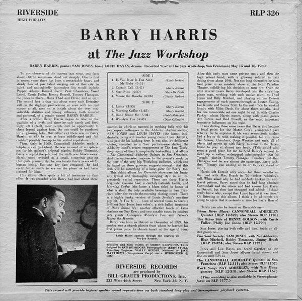 Barry Harris (2) - At The Jazz Workshop (LP, Album, Mono)