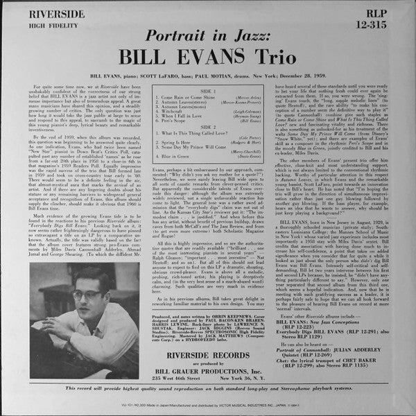 Bill Evans Trio* - Portrait In Jazz (LP, Album, Mono, RE)