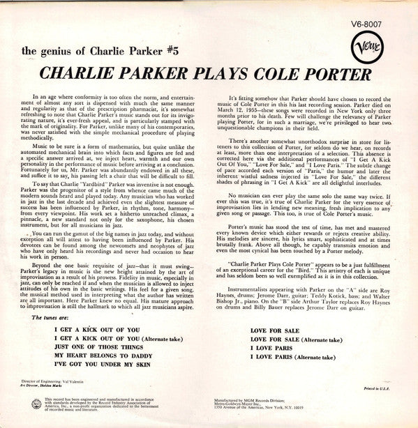 Charlie Parker - Charlie Parker Plays Cole Porter (LP, Album, Enh, ...