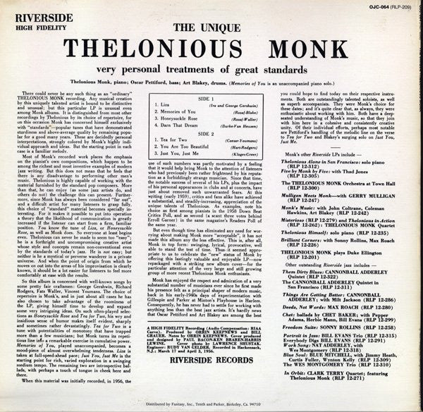 Thelonious Monk - The Unique Thelonious Monk (LP, Album, RE)