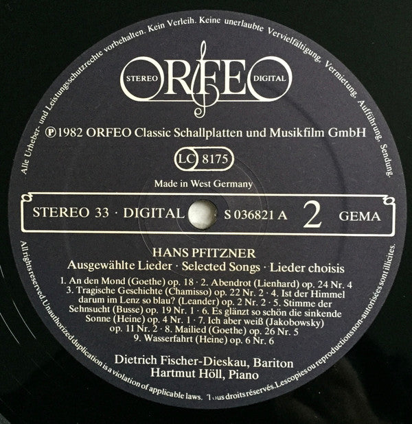 Hans Pfitzner, Dietrich Fischer-Dieskau, Hartmut Höll - Lieder (LP)
