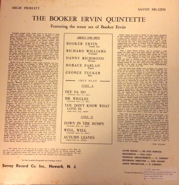 Booker Ervin Quintet - Cookin' (LP, Album, Mono, RE)