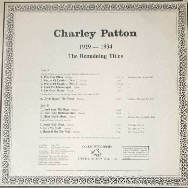 Charley Patton - 1929-1934 (The Remaining Titles)(LP, Comp, Mono, R...