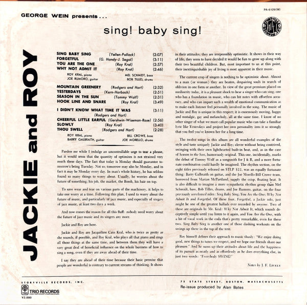Jackie And Roy* - Sing! Baby Sing! (LP, Album, Mono, RE)