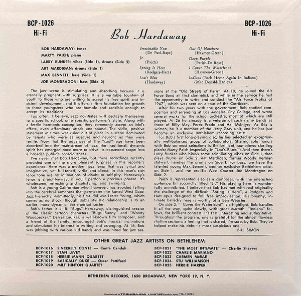 Bob Hardaway* - Lou's Blue (10"", Album, Mono, RE)