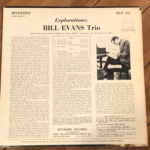 Bill Evans Trio* - Explorations (LP, Album, Mono, No )
